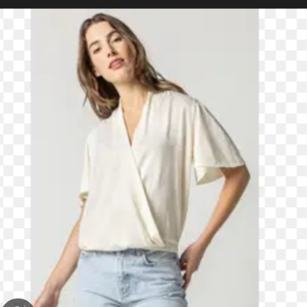 Lilla P Cream Faux Wrap Top with Flutter Sleeves
